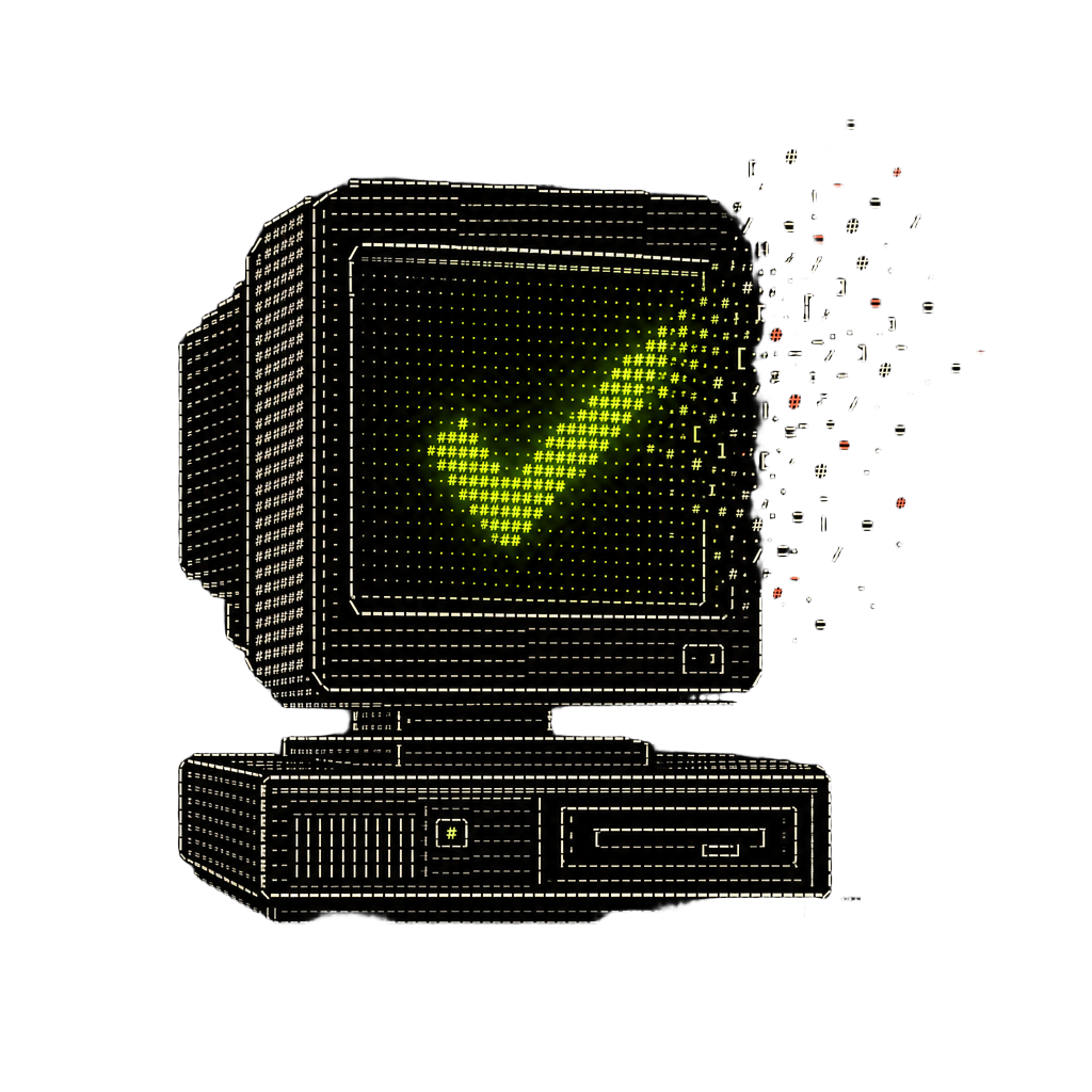 ASCII artwork of a monitor showing a glowing checkmark